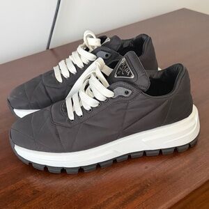 Prada Black Quilted Nylon Sneakers with White Soles and Laces